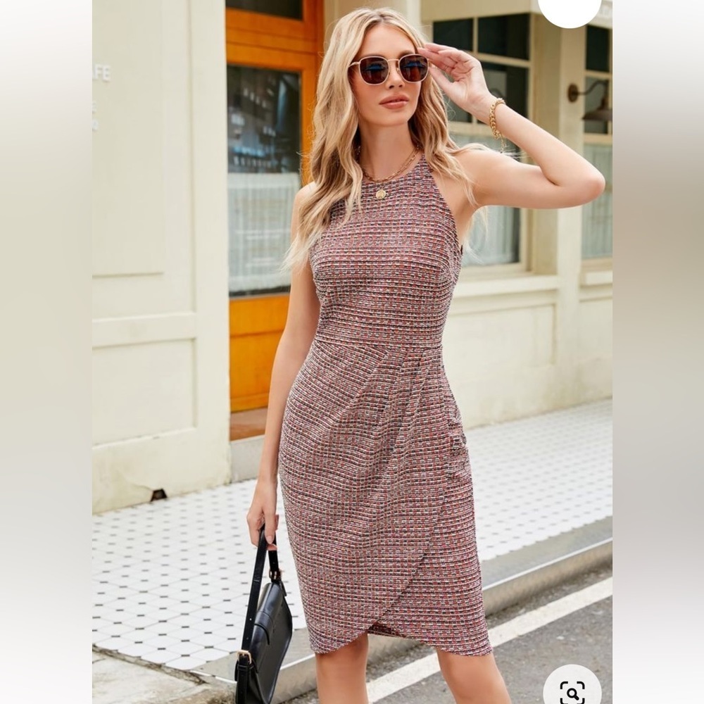 JASAMBAC women’s TWEED halter neck ruched midi dress zip back pink black Large